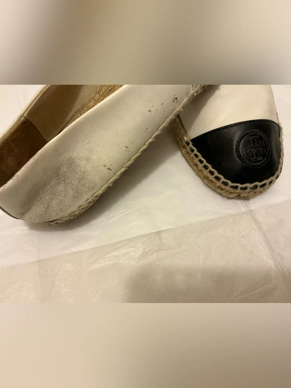 Tory Burch Ivory Leather Espadrilles with Black Toe Caps 11M